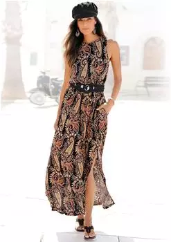 Lascana Maxikleid mit Paisleyprint und Schlitz, figurumspielend (39474459) schwarz/curry