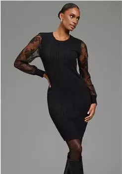 Laura Scott Strickkleid mit Spitzen&auml;rmeln und Zopfstrickmuster, figurbetont (59427114) schwarz