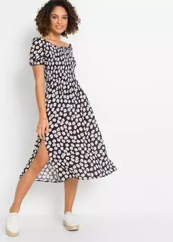 bonprix Midi dress with smocking detail, flared fit (91783995) dunkelblau gebl&uuml;mt