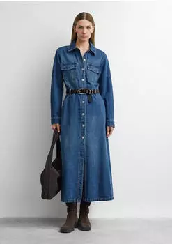 Comma Feminines Denim-Maxikleid mit Hemdkragen und Gürtel blau (2184694.56Z2)