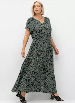 Sheego Maxikleid mit Blumendruck und gesmokter Taille (200779) schwarz-gr&uuml;n