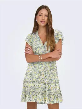 Only Onlclaudette Life Ss Mini Dress WVN Noos (15320419) limone/dunkelgrün/weiß