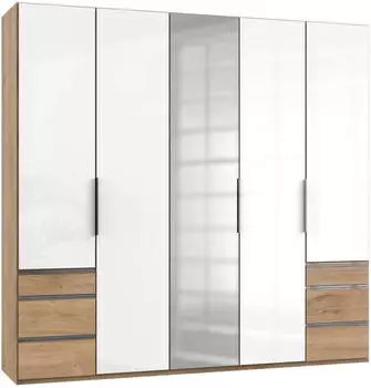fresh to go Level mit Schubf&auml;chern 250x236cm 5 t&uuml;rig plankeneiche/Spiegel/Wei&szlig;glas