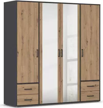 Rauch Drehtürenschrank Voyager Grau/Eiche Artisan mit Schubkästen und Spiegel (AG439.21V4)