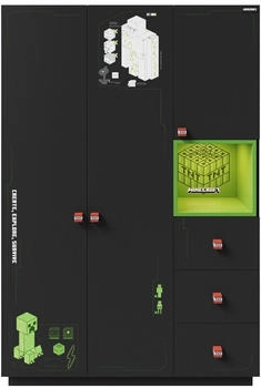 Phoenix Group AG Minecraft Kleiderschrank mit 3 T&uuml;ren und 3 Schubladen, schwarz/gr&uuml;n (446280MC)