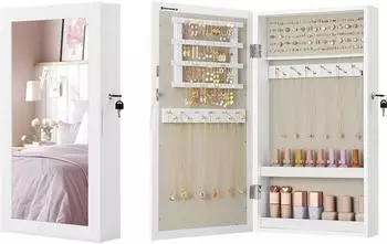 Songmics Schmuck-Spiegelschrank Wandmontage, Wei&szlig;/Greige, abschlie&szlig;bar (JJC051W02)