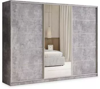 Masseno PINA Schwebetürenschrank 250x205x58cm 3-türig mit Spiegel, 4 Schubladen, Titan/Silber (SZAFA PINA 250 KOLOR-BETON + OKUCIA SREBRNE)