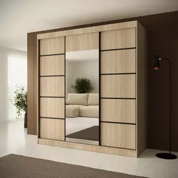 Beautysofa Monika Schiebetürenschrank mit Spiegel, 3-türig, Eiche Sonoma/Schwarz, 200x215x61cm