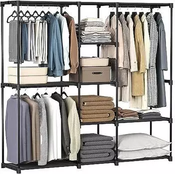 Songmics Faltbarer Kleiderschrank mit Kleiderstangen, Stoffablagen, Metallrahmen, 182x43x182cm, Tintenschwarz (RYG037B02)
