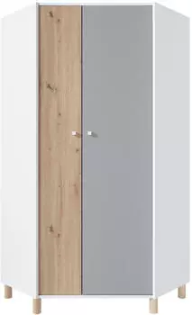 Beautysofa FIGO Eckkleiderschrank 2 Türen, 5 Fächer, 90x190cm, Weiß/Grau/Eiche Artisan