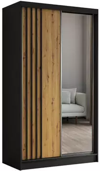 Beautysofa Nela II Schwebetürenschrank 2-türig mit Spiegel & Schubladen, Schwarz/Eiche Artisan, 120x216x61cm