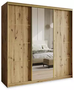 Masseno VARO Schwebetürenschrank 3-türig mit Spiegel, 4 Schubladen, Eiche Artisan, 180x205x60cm (SZAFA VARO 180 - 4 ARTISAN+OK.ZŁOTY)