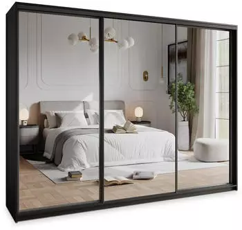 Masseno RIEN Schwebet&uuml;renschrank 3-t&uuml;rig mit Spiegel und Schubladen, 250x205x60cm, Schwarz (SZAFA RIEN 250 - 2 CZARNY MAT+OK.CZARNY)
