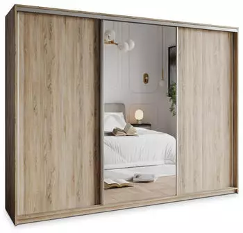 Masseno TAVI Schwebetürenschrank 3-türig mit Spiegel, 4 Schubladen, Sonoma Eiche, 250x205x60cm (SZAFA TAVI 250 - 1 SONOMA+OK.SATYNA)