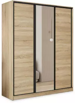 Masseno TARI Schwebetürenschrank 3-türig mit Spiegel & Schubladen 150x205x58cm Sonoma Eiche (SZAFA TARI 150 KOLOR-SONOMA + OKUCIA CZARNE)