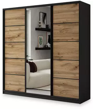 Masseno NATA Schwebetürenschrank 3-türig mit Spiegel, 4 Schubladen, Schwarz/Eiche Wotan, 180x205x58cm (SZAFA NATA 180 KOLOR-WOTAN+CZARNY + OKUCIA CZARNE)