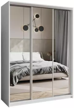 Masseno Rien Schwebetürenschrank 3-türig mit Spiegel 150x205x60cm Weiß (SZAFA RIEN 150 - 2 BIAŁY MAT+OK.SATYNA)
