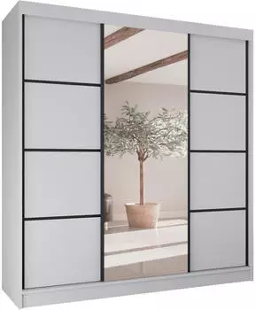 Beautysofa Vilo II Schwebetürenschrank mit Spiegel, 3 Türen, 4 Schubladen, 200x215x61cm, Weiß/Schwarz