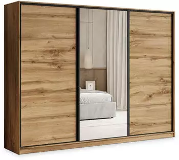 Masseno TARI Schwebetürenschrank 3-türig mit Spiegel, 4 Schubladen, Eiche Wotan, 250x205x58cm (SZAFA TARI 250 KOLOR-WOTAN + OKUCIA CZARNE)