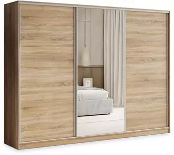 Masseno TARI Schwebet&uuml;renschrank 3-t&uuml;rig mit Spiegel, 4 Schubladen, Sonoma Eiche, 250x205x58cm (SZAFA TARI 250 KOLOR-SONOMA + OKUCIA SREBRNE)