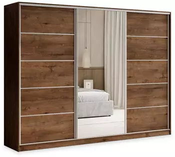 Masseno PINA Schwebet&uuml;renschrank 3-t&uuml;rig mit Spiegel & 4 Schubladen, 270x205x58cm, Eiche