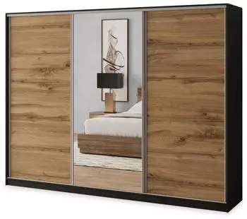 Masseno SORE Schwebet&uuml;renschrank 235x205x58cm 3-t&uuml;rig mit Spiegel, 4 Schubladen, Schwarz/Eiche Wotan (SZAFA SORE 235 KOLOR-WOTAN+CZARNY + OKUCIA SREBRNE)