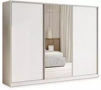 Masseno TARI Schwebet&uuml;renschrank 3-t&uuml;rig mit Spiegel, 4 Schubladen, 250x205x58cm, Wei&szlig; (SZAFA TARI 250 KOLOR-BIAŁY MAT + OKUCIA SREBRNE)