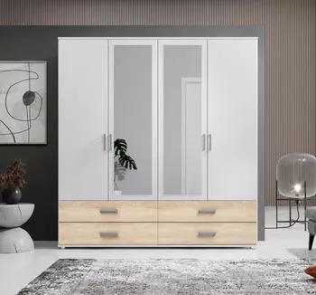 Schlafkontor Ivar Dreht&uuml;renschrank mit Spiegel Wei&szlig;/Sonoma Eiche 180x190cm (Ivar)