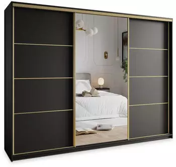 Masseno VARO Schwebet&uuml;renschrank 3-t&uuml;rig mit Spiegel, 270x205x60cm, Schwarz/Gold (SZAFA VARO 270 - 4 CZARNY MAT+OK.ZŁOTY)