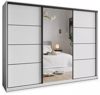 Masseno VARO Schwebet&uuml;renschrank 3-t&uuml;rig mit Spiegel & Schubladen 250x205x60cm Wei&szlig;/Schwarz (SZAFA VARO 250 - 4 BIAŁY MAT+OK.CZARNY)