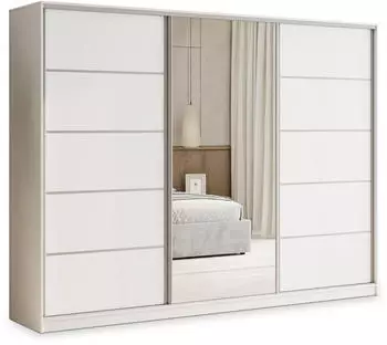 Masseno PINA Schwebetürenschrank 3-türig mit Spiegel, 4 Schubladen, 235x205x58cm, Weiß (SZAFA PINA 235 KOLOR-BIAŁY MAT + OKUCIA SREBRNE)
