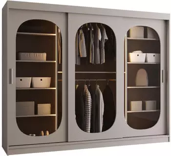 Mirjan24 Bahrajn 250 Schwebet&uuml;renschrank mit Schiebet&uuml;ren, LED, Kaschmir, 250x200x62cm