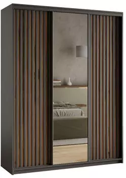 Masseno ORRA Schwebet&uuml;renschrank 3-t&uuml;rig mit Spiegel 150x205x60cm Schwarz/Eiche Wotan (SZAFA 150 ORRA 7 K.CZARNY+L.CZARNY+WOTAN)