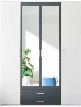 Schlafkontor Hanau Kleiderschrank 4 T&uuml;ren mit Spiegel 159x196x54cm Wei&szlig;/Graphit (99676847-0)