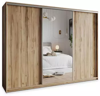 Masseno TAVI Schwebet&uuml;renschrank 3-t&uuml;rig mit Spiegel, 4 Schubladen, Eiche Wotan, 250x205x60cm (SZAFA TAVI 250 - 1 WOTAN+OK.SATYNA)