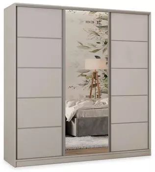 Masseno PINA Schwebetürenschrank 3-türig mit Spiegel, 4 Schubladen, 180x205x58cm, Kaschmir (SZAFA PINA 180 KOLOR-KASZMIR + OKUCIA SREBRNE)