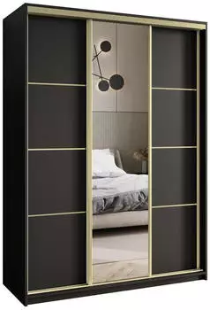 Masseno VARO Schwebet&uuml;renschrank 3-t&uuml;rig mit Spiegel, 150x205x60cm, Schwarz/Gold (SZAFA VARO 150 - 4 CZARNY MAT+OK.ZŁOTY)