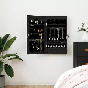 vidaXL Schmuckschrank mit Spiegel Wandmontage Schwarz 37,5x10x67cm (353221)