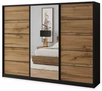 Masseno NATA Schwebet&uuml;renschrank 3-t&uuml;rig mit Spiegel, 4 Schubladen, Schwarz/Eiche Wotan, 250x205x58cm (SZAFA NATA 250 KOLOR-WOTAN+CZARNY + OKUCIA CZARNE)