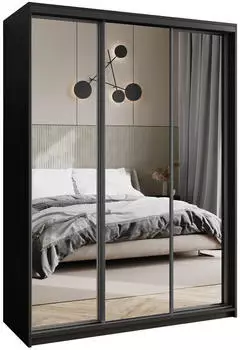 Masseno RIEN Schwebet&uuml;renschrank 150x205x60cm 3-t&uuml;rig mit Spiegel, Schwarz (SZAFA RIEN 150 - 2 CZARNY MAT+OK.CZARNY)