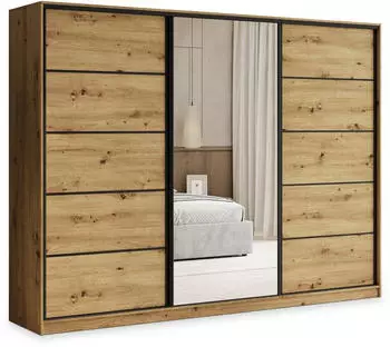 Masseno PINA Schwebet&uuml;renschrank 3-t&uuml;rig mit Spiegel, 4 Schubladen, Eiche Artisan, 235x205x58cm (SZAFA PINA 235 KOLOR-ARTISAN + OKUCIA CZARNE)