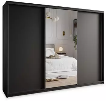 Masseno TAVI Schwebet&uuml;renschrank 3-t&uuml;rig mit Spiegel, 4 Schubladen, 250x205x60cm, Schwarz (SZAFA TAVI 250 - 1 CZARNY MAT+OK.CZARNY)