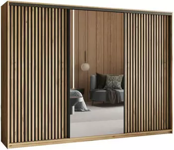 Masseno ORRA Schwebet&uuml;renschrank 3-t&uuml;rig mit Spiegel & Lamellen, Eiche Wotan, 250x205x60cm (SZAFA 250 ORRA 7 K.WOTAN+L.WOTAN+CZARNY)