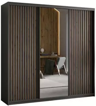 Masseno ORRA Schwebet&uuml;renschrank 3-t&uuml;rig mit Spiegel & Lamellen 200x205x60cm Schwarz/Eiche Wotan (SZAFA 200 ORRA 7 K.CZARNY+L.CZARNY+WOTAN)