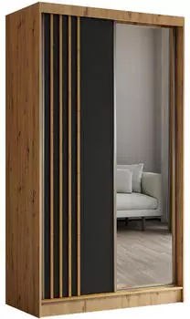 Beautysofa NELA II Schiebetürenschrank 2-türig mit Spiegel & Schubladen, 120x216x61cm, Eiche Artisan/Schwarz