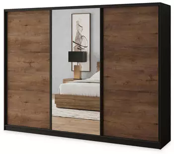 Masseno SORE Schwebet&uuml;renschrank 3-t&uuml;rig mit Spiegel, 4 Schubladen, 235x205x58cm, Schwarz/Eiche Lefkas (SZAFA SORE 235 KOLOR-LEFKAS+CZARNY + OKUCIA CZARNE)