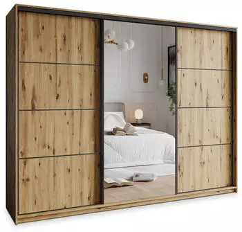 Masseno VARO Schwebet&uuml;renschrank 3-t&uuml;rig mit Spiegel, 4 Schubladen, Eiche Artisan, 250x205x60cm (SZAFA VARO 250 - 4 ARTISAN+OK.CZARNY)