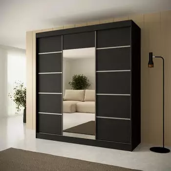 Beautysofa Monica Schwebetürenschrank mit Spiegel, 3-türig, schwarz/silber, 200x215x61cm