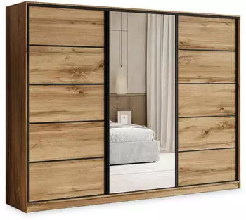 Masseno PINA Schwebet&uuml;renschrank 3-t&uuml;rig mit Spiegel, 4 Schubladen, Eiche Wotan/Schwarz, 235x205x58cm (SZAFA PINA 235 KOLOR-WOTAN + OKUCIA CZARNE)