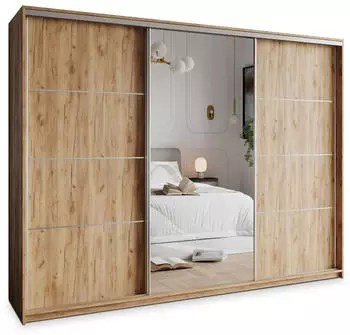 Masseno VARO Schwebet&uuml;renschrank 250x205x60cm 3-t&uuml;rig mit Spiegel, Craft Eiche Gold, Orange (SZAFA VARO 250 - 4 CRAFT ZŁOTY+OK.SATYNA)